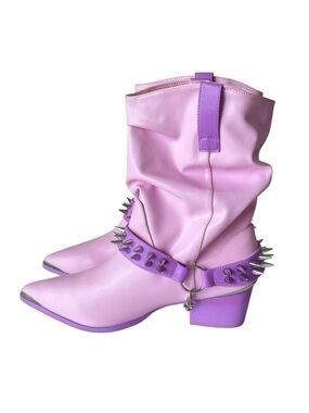 YRU Dolls Kill Pastel Spiked Cowboy Moto Boots Vegan Leather Pink Purple Size 10